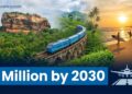 Collage of Sri Lanka featuring Sigiriya, the Nine Arches Bridge train, and surfers on a tropical beach at sunset with the text "5 Million by 2030."