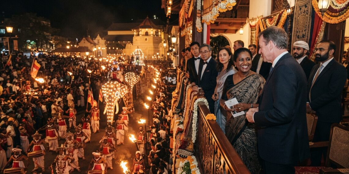 Kandy Esala Perahera nighttime procession with traditional Kandyan dancers, drummers, torchbearers and ceremonial elephants in Kandy, Sri Lanka.