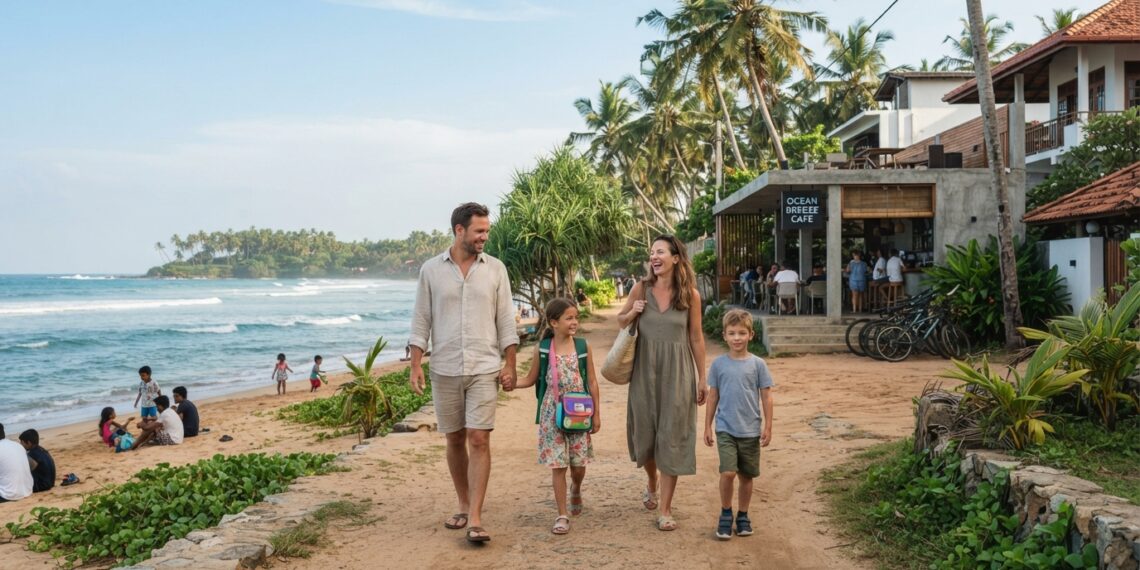 Expat family with children enjoying everyday life on Sri Lanka’s south coast near a tropical beach, cafés and local amenities.