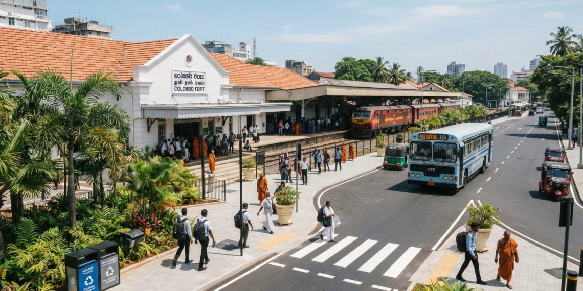 Modernised public infrastructure in Sri Lanka with a renovated railway station, public transport, clean streets, tropical greenery and local and foreign residents using the facilities as part of the Clean Sri Lanka programme.