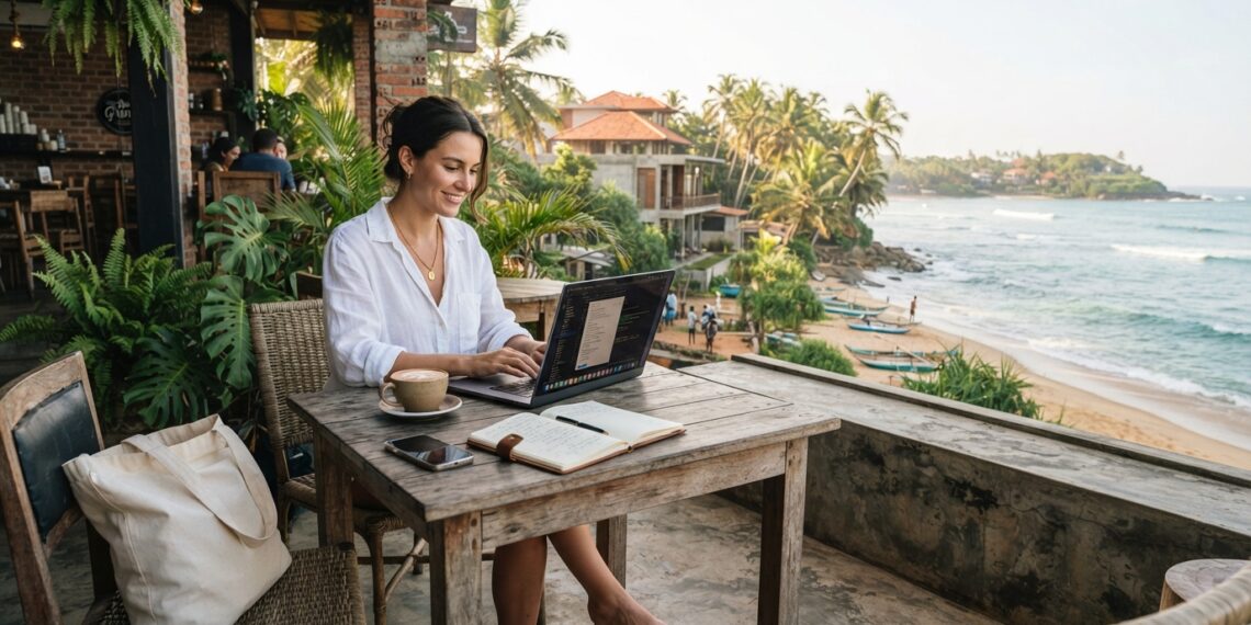 Digital nomad working remotely on a laptop at an open air café on Sri Lanka’s tropical south coast.