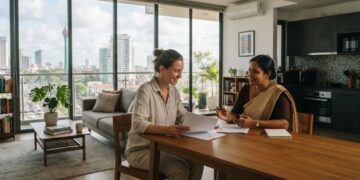 Expat viewing a modern furnished apartment in Colombo, Sri Lanka, with a local property agent.