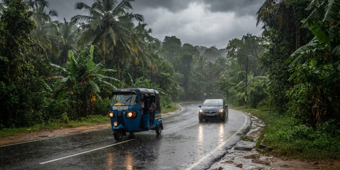 Heavy rain affecting road conditions in Sri Lanka during September 2026 weather alerts.