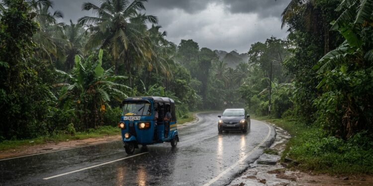 Heavy rain affecting road conditions in Sri Lanka during September 2026 weather alerts.